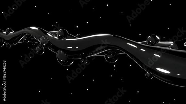 Fototapeta Sleek black fluid dynamically flowing through space with striking reflections and contrasting white particles for a modern aesthetic