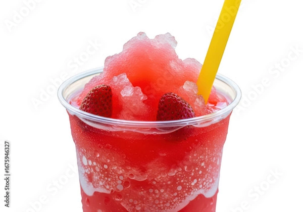 Fototapeta Refreshing strawberry slushy drink with ice and a yellow straw isolated on transparent background