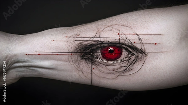 Fototapeta Intense red eye tattoo with geometric design on skin evokes mystery, power, and the allure of body art for edgy modern aesthetics
