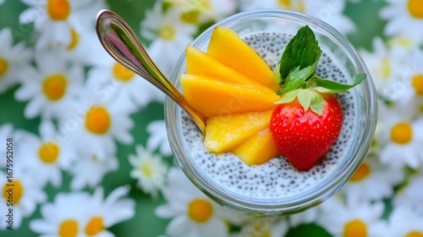 Fototapeta Delicious and refreshing chia seed pudding with ripe mango and strawberry for a healthy and vibrant breakfast or snack option