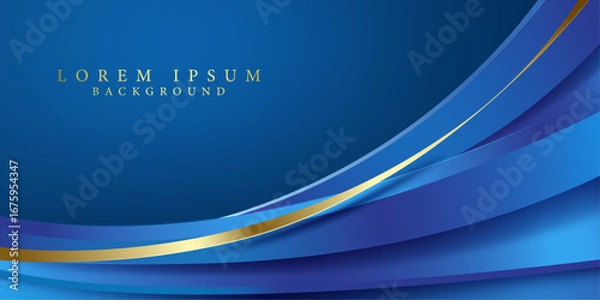 Fototapeta blue color shiny curve layers and gold ribbon layer decoration luxury creative 3D background,cover design element and award banner vector illustration.