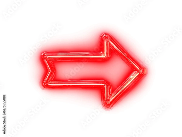 Fototapeta Glowing red neon arrow pointing right on a vibrant red background, highlighting direction