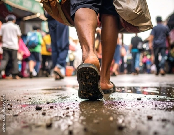 Fototapeta Walking Through Reflections A Vibrant Market Scene in Focus