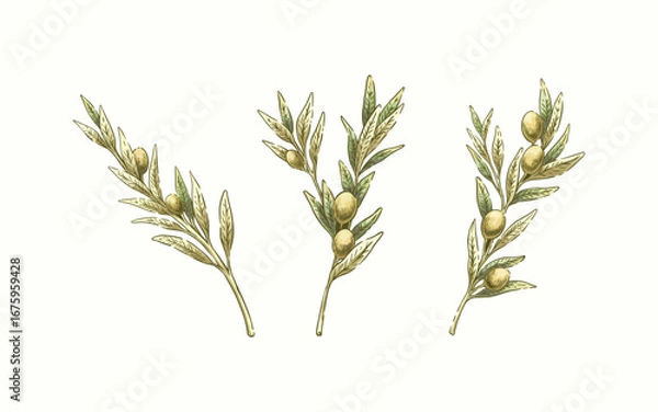 Obraz Watercolor Olive Botanical Set Hand Drawn 3 Collection of Leaves, Branches, and Fruits