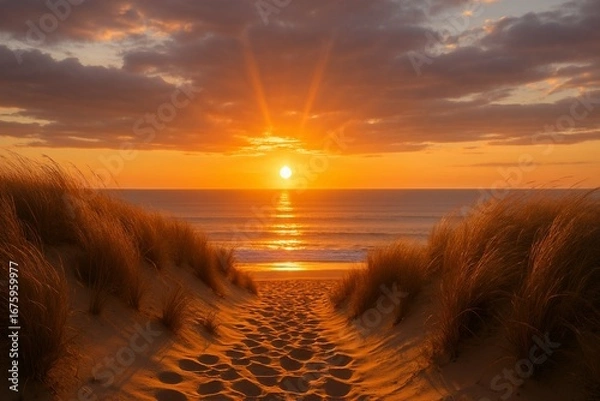 Obraz Serene sunset over ocean viewed from sandy dune path with grass  