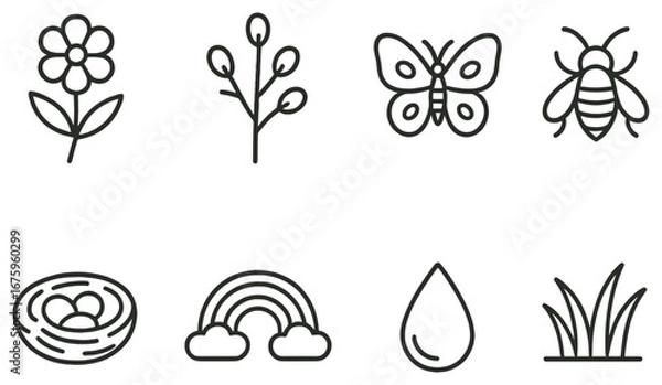 Fototapeta Nature linear icon set. featuring flower, branch, butterfly, bee, nest, rainbow, water drop, grass symbols