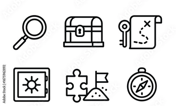 Fototapeta Adventure and treasure hunt linear icon set. featuring magnifying glass, chest, map, safe, puzzle, compass