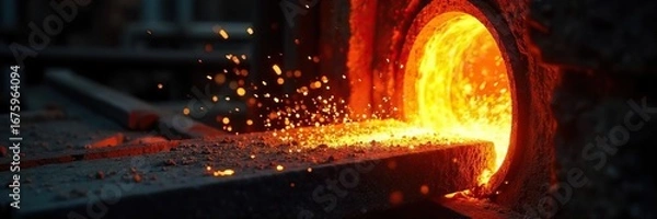 Obraz Close-up of glowing hot steel being forged in a coal-fired furnace, sparks flying, intense heat, industrial process ,  work,  industrial revolution,  traditional