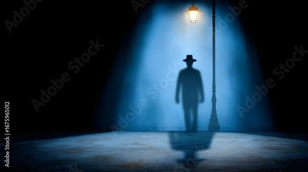 Obraz A shadowy figure walks beneath a street lamp in a dimly lit, blue-toned space, creating a mysterious atmosphere.