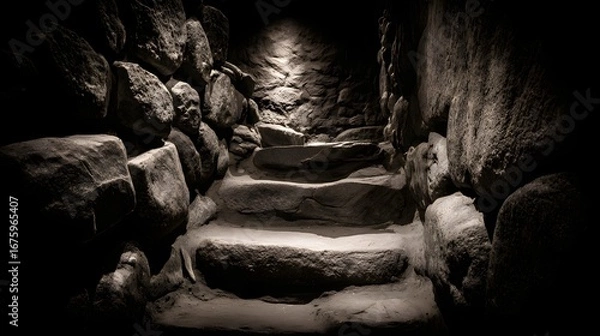 Obraz Ancient stone steps wind downward into a dimly lit, stone-walled passage.