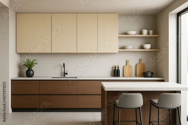 Fototapeta Modern minimalist kitchen interior with wooden cabinets, neutral tones, and natural light enhancing contemporary design and architecture.
