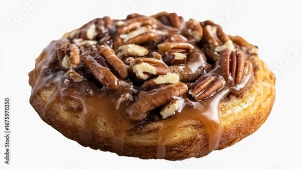 Fototapeta Close up of a pecan pastry with caramel drizzle on a white background showing details of the dessert