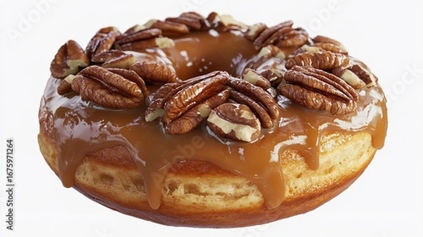 Fototapeta A single donut with a caramel glaze and pecans on top isolated on a white background in a studio shot