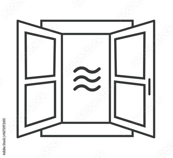 Fototapeta Line art icon of open window with airflow. Minimal flat vector design symbolizing ventilation, fresh air circulation, indoor hygiene, health, safety, and environmental protection.