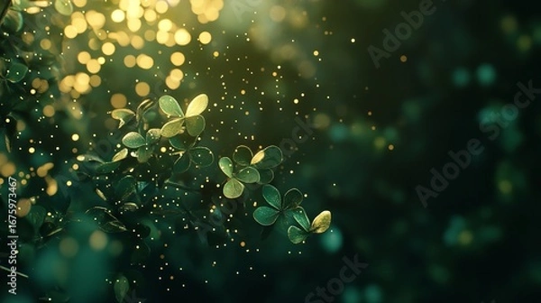 Fototapeta Close up of green leaves with bokeh lights creating a magical and enchanting atmosphere in nature