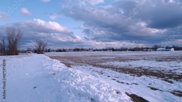Fototapeta Snow-covered rural landscape with dramatic clouds and distant trees in winter.