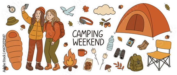 Obraz Hiking time set isolated on white background. Female tourists takes a selfie. Doodle style