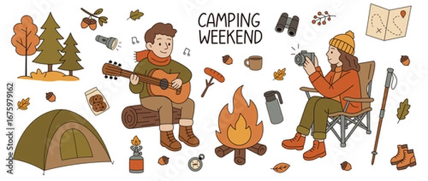 Obraz Camping season set isolated on white background. Woman makes marshmallows over campfire, man plays the guitar. Doodle style