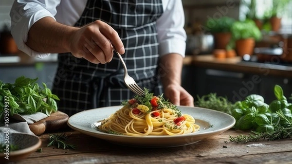 Fototapeta chef preparing pasta
