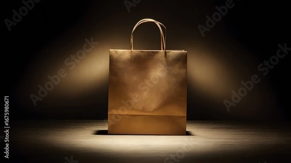 Fototapeta A golden shopping bag, bathed in spotlight, stands out against a dark background, showcasing its simple elegance.