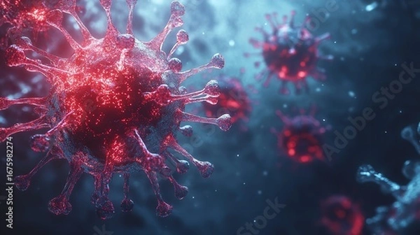 Fototapeta Close up view of several red virus cells against a dark blue background with light particles floating