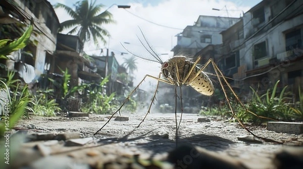 Fototapeta Close up of a mosquito in a tropical urban environment with buildings and palm trees visible