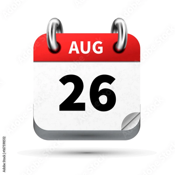 Fototapeta Bright realistic icon of calendar with 26 august date isolated on white