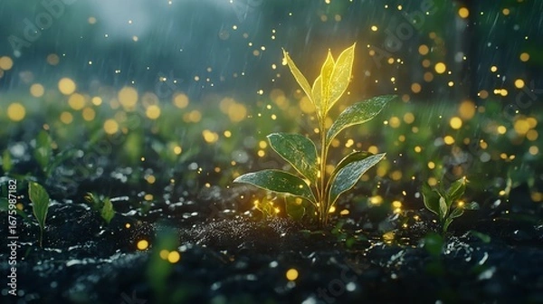 Fototapeta A luminous plant growing in dark soil with glowing particles surrounding it in a serene environment