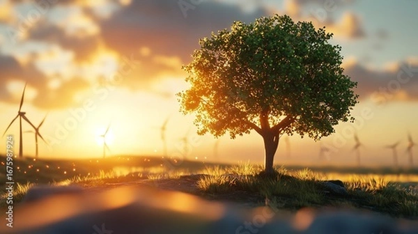 Fototapeta A lone tree stands silhouetted against a vibrant sunset with wind turbines in the background field