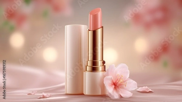 Fototapeta A delicate blush-toned lipstick, presented beautifully with a blossoming flower, sits atop a soft, light pink surface, evoking a tranquil spring ambiance.