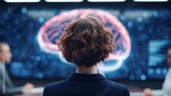 Fototapeta A woman observes a digital brain visualization, suggesting a focus on neuroscience or technology in a professional environment.