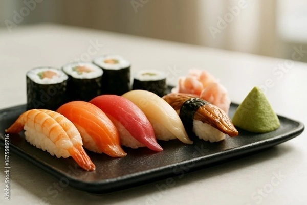 Fototapeta Assorted sushi selection with nigiri and maki rolls arranged on black plate in soft natural light on minimal background. Ai generative. Ai generative
