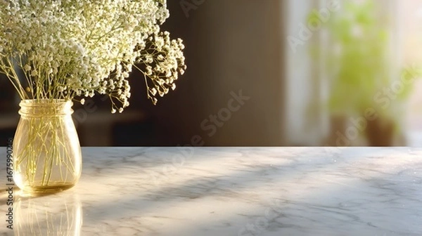 Fototapeta A delicate bouquet of small, white flowers sits in a clear, golden-toned glass vase on a polished white marble surface, bathed in soft sunlight.