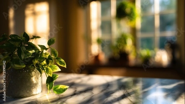 Fototapeta A potted plant with variegated leaves sits on a marble countertop, bathed in warm sunlight streaming through a window.