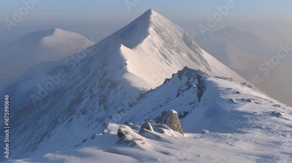 Fototapeta A high-angle, tranquil view of snow-capped mountain peaks, showcasing a dramatic ridge line and serene, pale light.