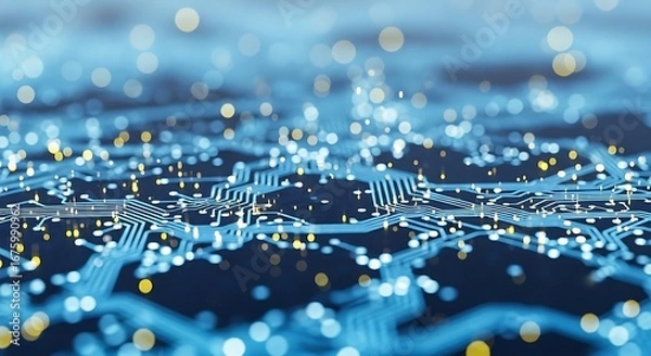 Fototapeta Abstract blue circuit board with glowing yellow and blue lights