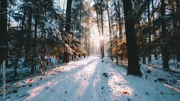 Fototapeta Sunlight streams through a snowy forest path, illuminating the winter wonderland.