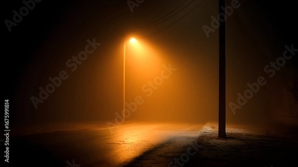 Fototapeta A solitary streetlight illuminates a foggy night, casting an amber glow on the misty road.