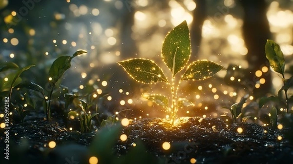 Fototapeta Glowing plant emerging from soil surrounded by bokeh lights in a mystical forest environment scene