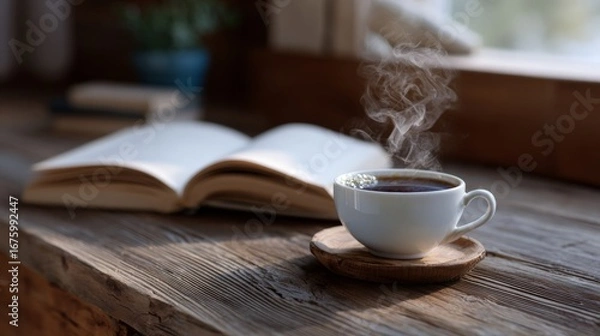Fototapeta Steaming coffee cup on wooden table with open book by sunlit window.