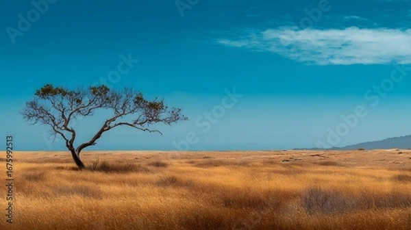 Fototapeta A solitary tree stands tall amidst a vast expanse of golden, dry grass under a vibrant blue sky.