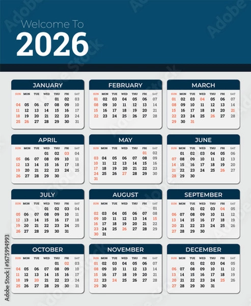 Obraz 2026 Editable Calendar Vector Template with Red Holiday Markings and Grey Weekend Highlights