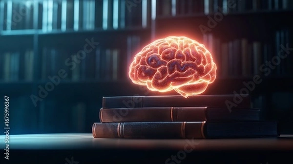 Fototapeta Glowing brain hologram resting on stack of books in front of a blurred bookshelf background scene