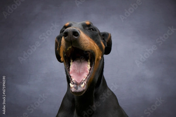 Obraz Doberman dog portrait with grey background