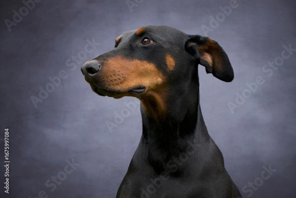 Obraz Doberman dog portrait with grey background