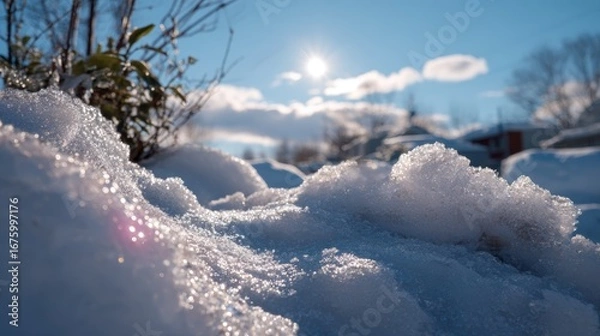 Fototapeta Sunlit winter snow scene with sparkling ice and blue sky.