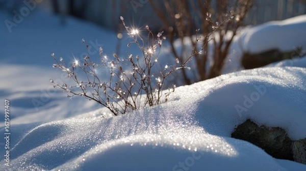 Fototapeta Sunlit winter snow with sparkling ice on branches.