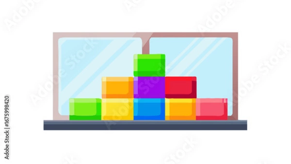 Fototapeta Vibrant colorful building blocks stacked playfully on a shelf near a window, promoting creativity and learning through play, perfect for educational materials and childhood development resources
