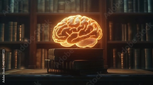 Fototapeta Glowing brain hovering above a stack of books in front of a bookshelf background scene