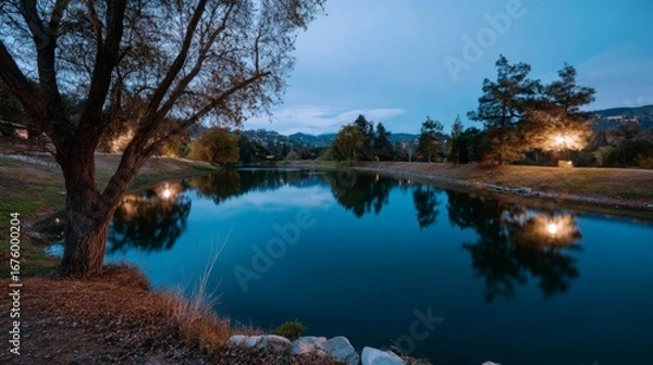 Fototapeta Tranquil evening lake with reflections and trees at dusk.